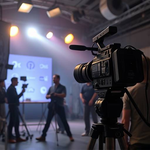 Image d'un plateau de tournage avec une caméra, des lumières et une équipe en action.