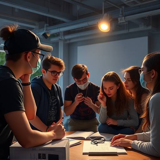 Un groupe d'étudiants travaillant ensemble sur un projet de film, discutant des idées et des techniques.